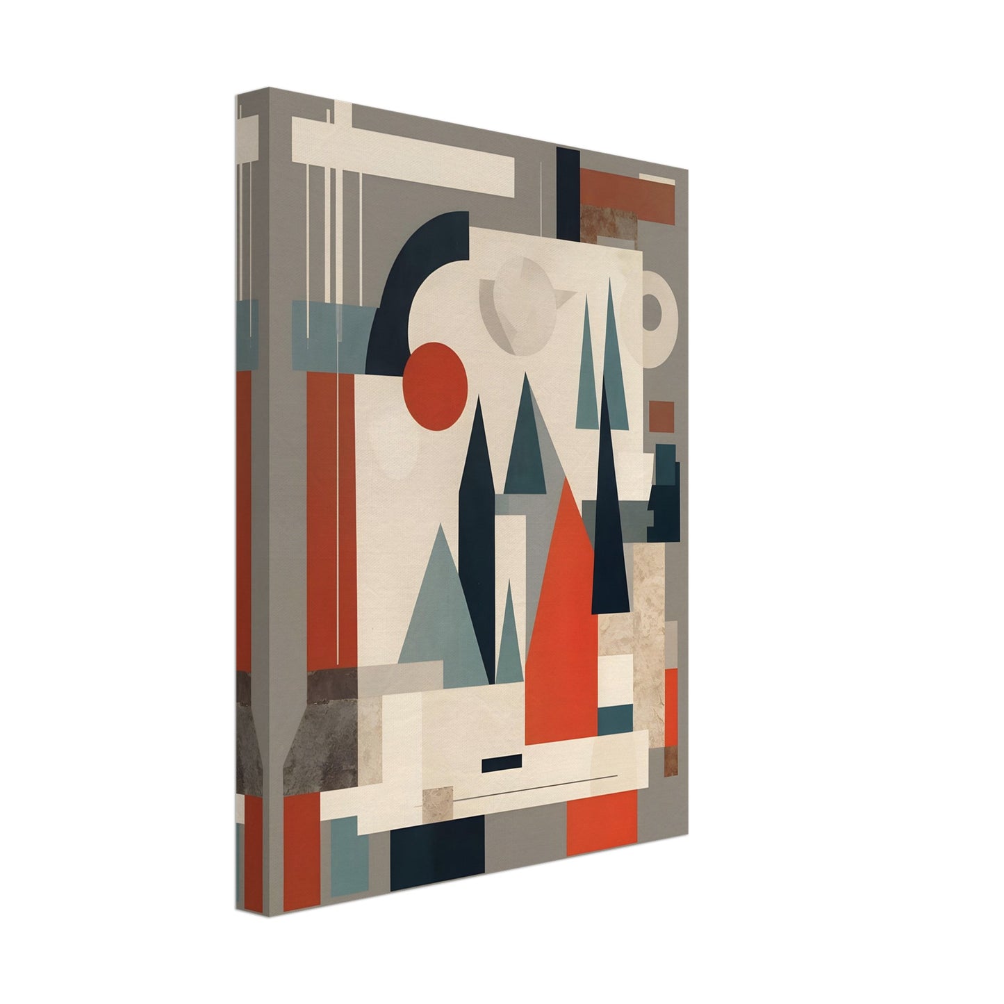 A modern geometric artwork featuring abstract triangular shapes resembling trees, complemented by circles and rectangles in muted tones of red, teal, and beige.