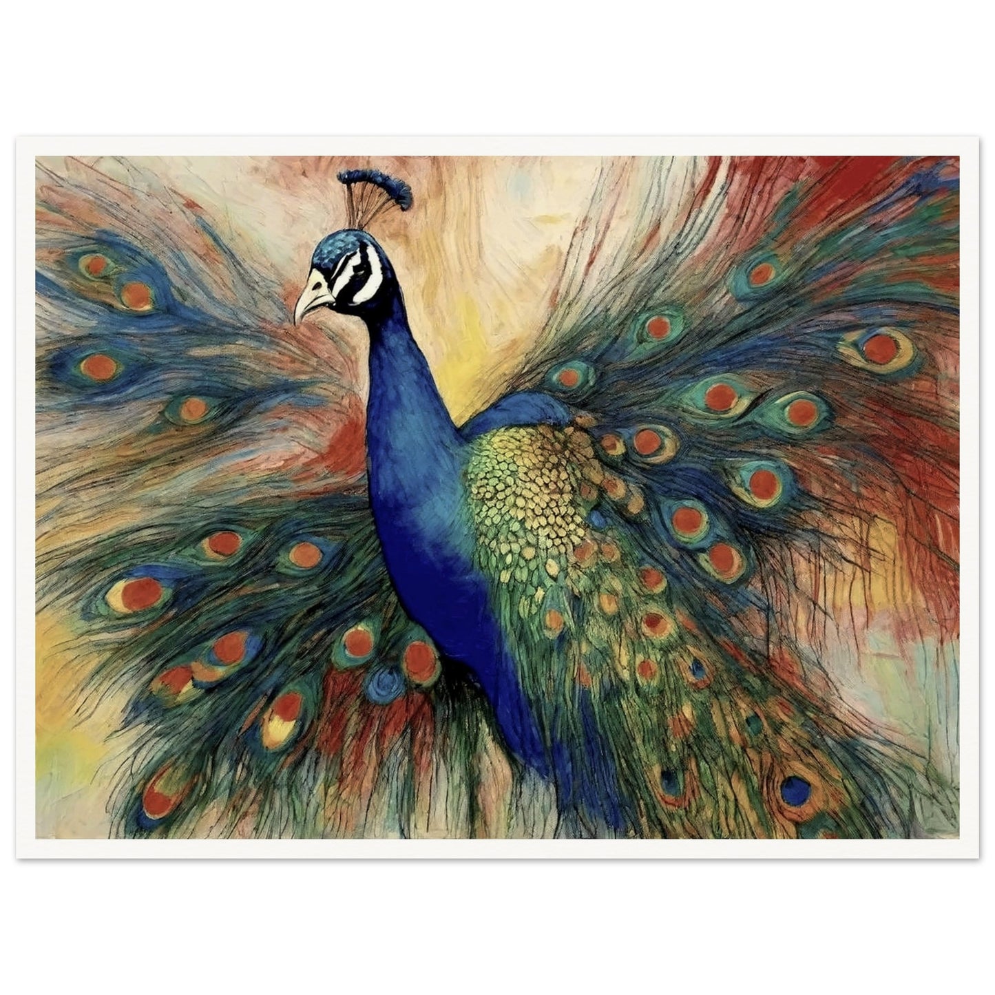 "A stunning painting of a vibrant peacock with its colorful feathers fully fanned out, showcasing rich blues, greens, and intricate eye-like patterns."