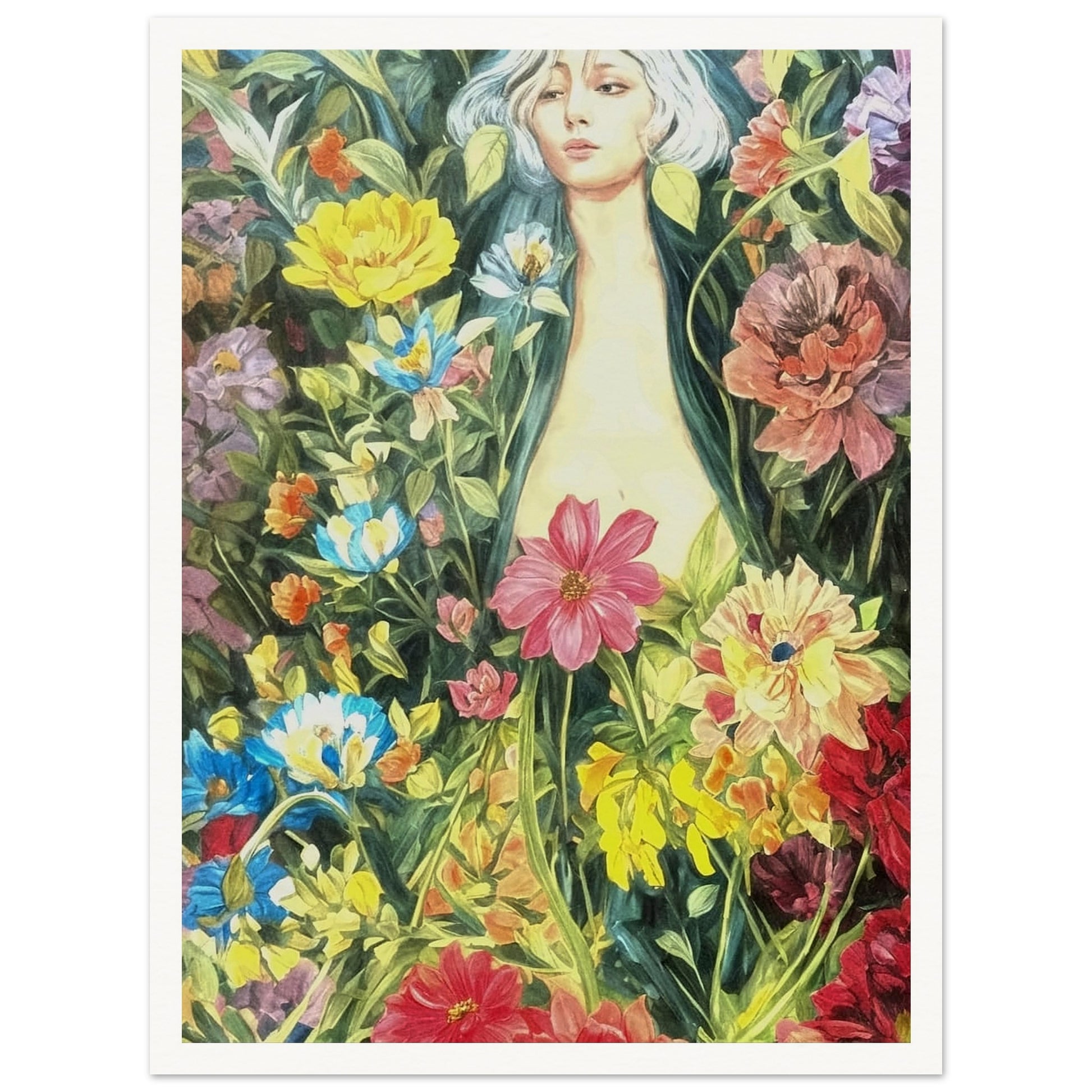 A serene figure surrounded by a lush garden of vibrant, blooming flowers, blending into the foliage with shades of pink, yellow, blue, and green.