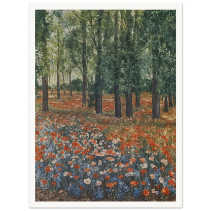 "A tranquil landscape with vibrant orange and blue wildflowers blooming under tall trees, evoking the peacefulness of a forest meadow."