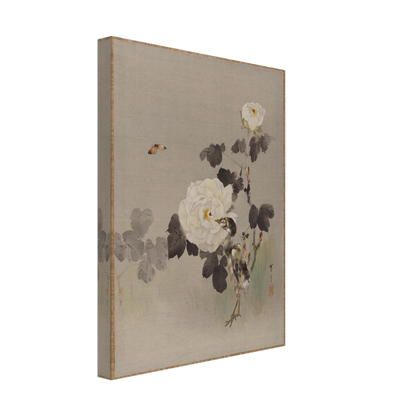 Young bird stands beside white roses as a butterfly flies across a pale silk background