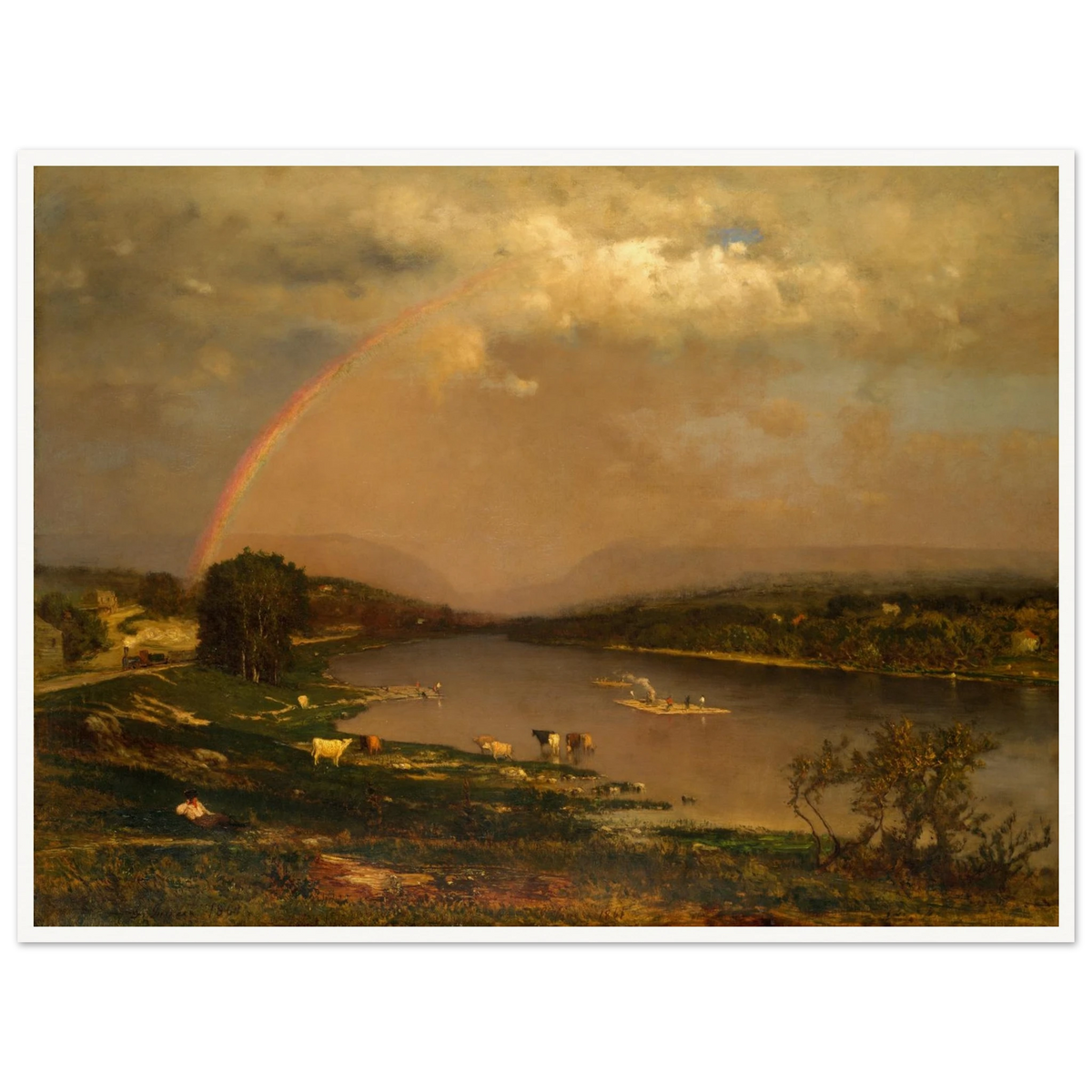 A rainbow arches over a calm river valley with grazing cattle, distant hills, barges, and a glowing stormy sky.