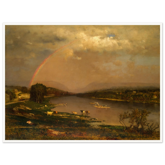 A rainbow arches over a calm river valley with grazing cattle, distant hills, barges, and a glowing stormy sky.