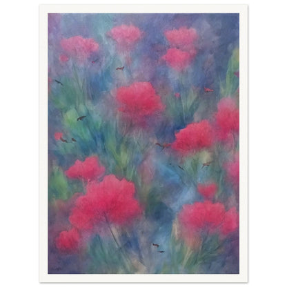 A soft-focus painting of vibrant pink flowers amidst a dreamy, blue and green background with delicate, scattered birds.