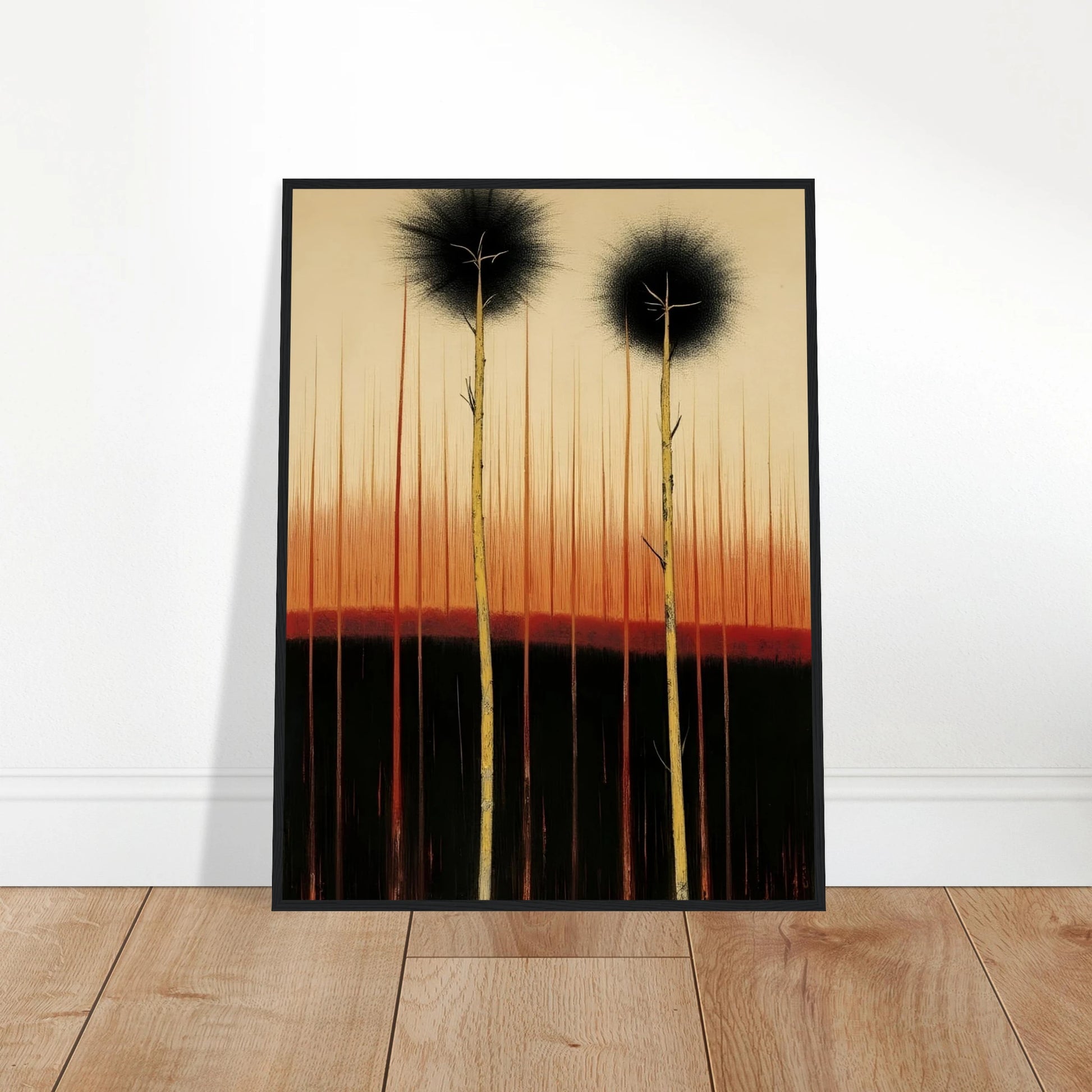 Two tall, slender trees rise from dark soil under a glowing orange and black sky, evoking quiet endurance and mystery.