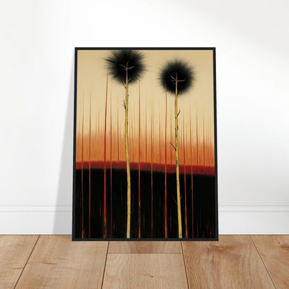 Two tall, slender trees rise from dark soil under a glowing orange and black sky, evoking quiet endurance and mystery.