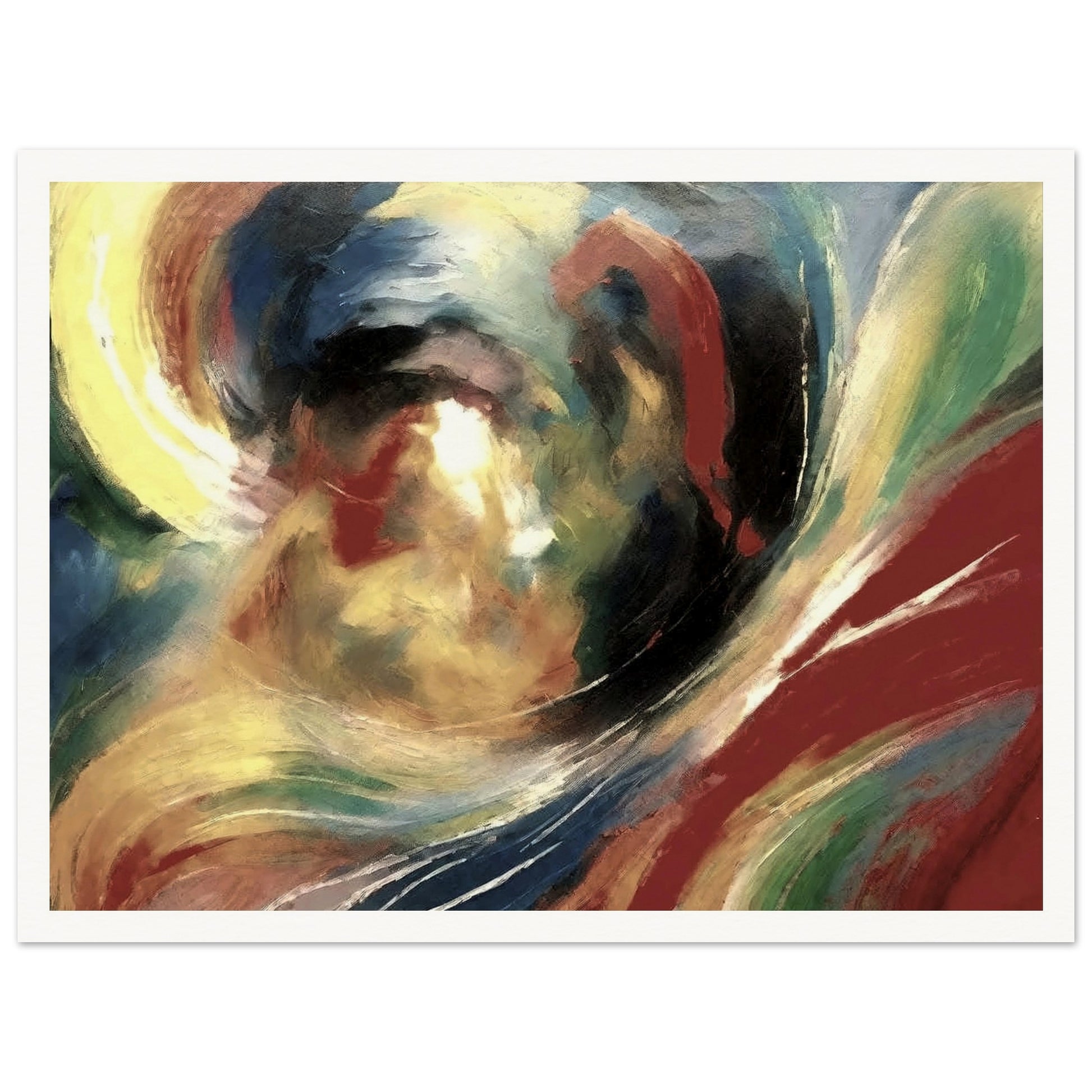 An abstract painting with swirling brushstrokes of vibrant colors, including red, yellow, blue, and green, creating a sense of dynamic movement