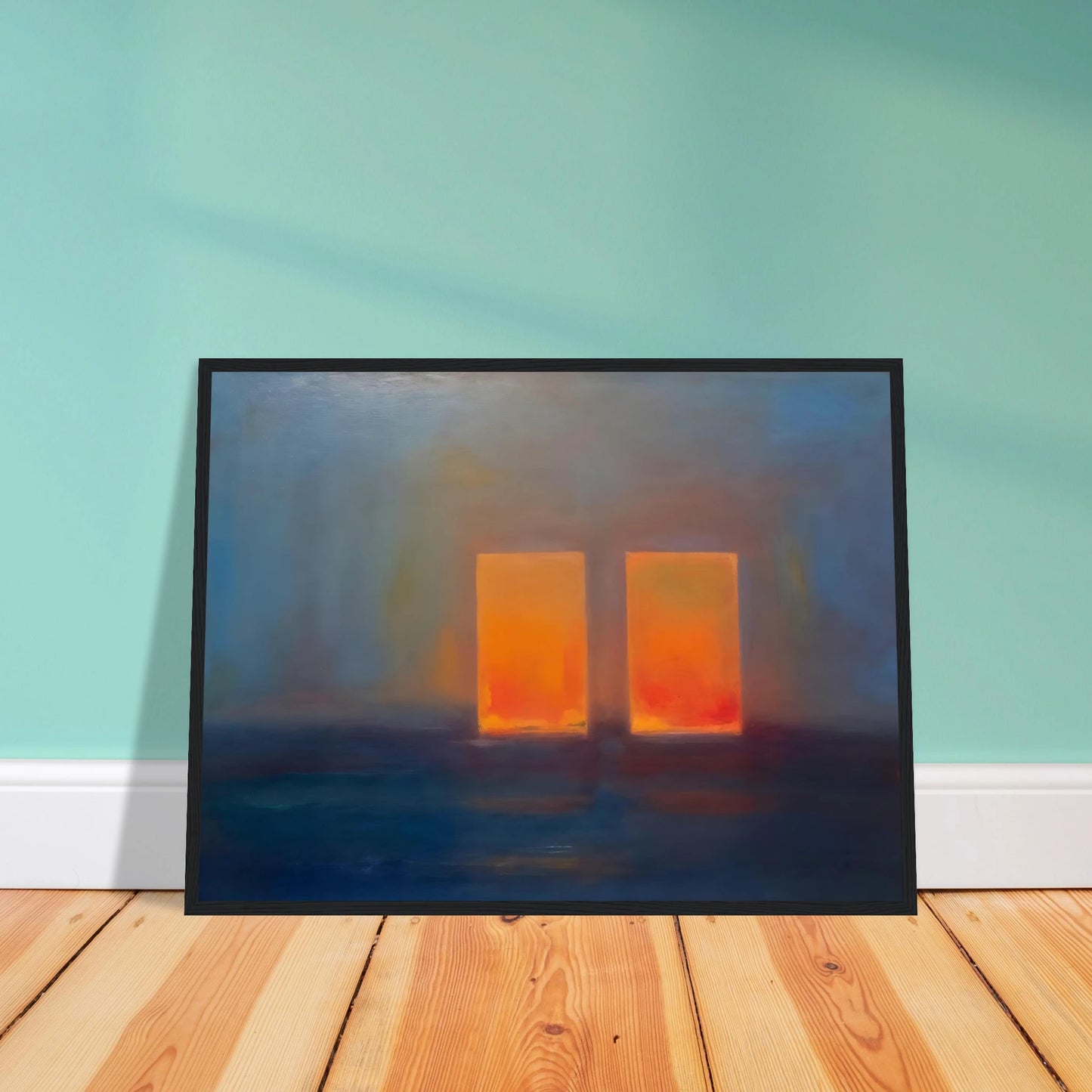 Moody blue interior with two glowing orange doorways, evoking quiet mystery, warmth, and minimalist atmospheric depth.