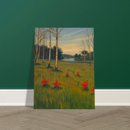 A tranquil meadow with red wildflowers, slender trees, and a calm lake in the distance under a soft pastel sky.