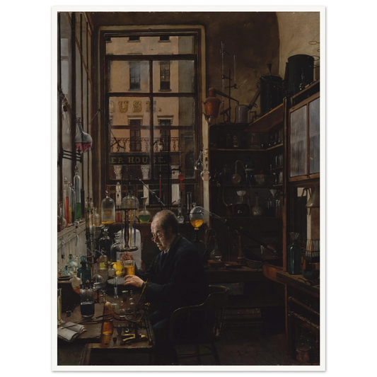 A chemist works among glass bottles and instruments in a dim laboratory by a tall window.