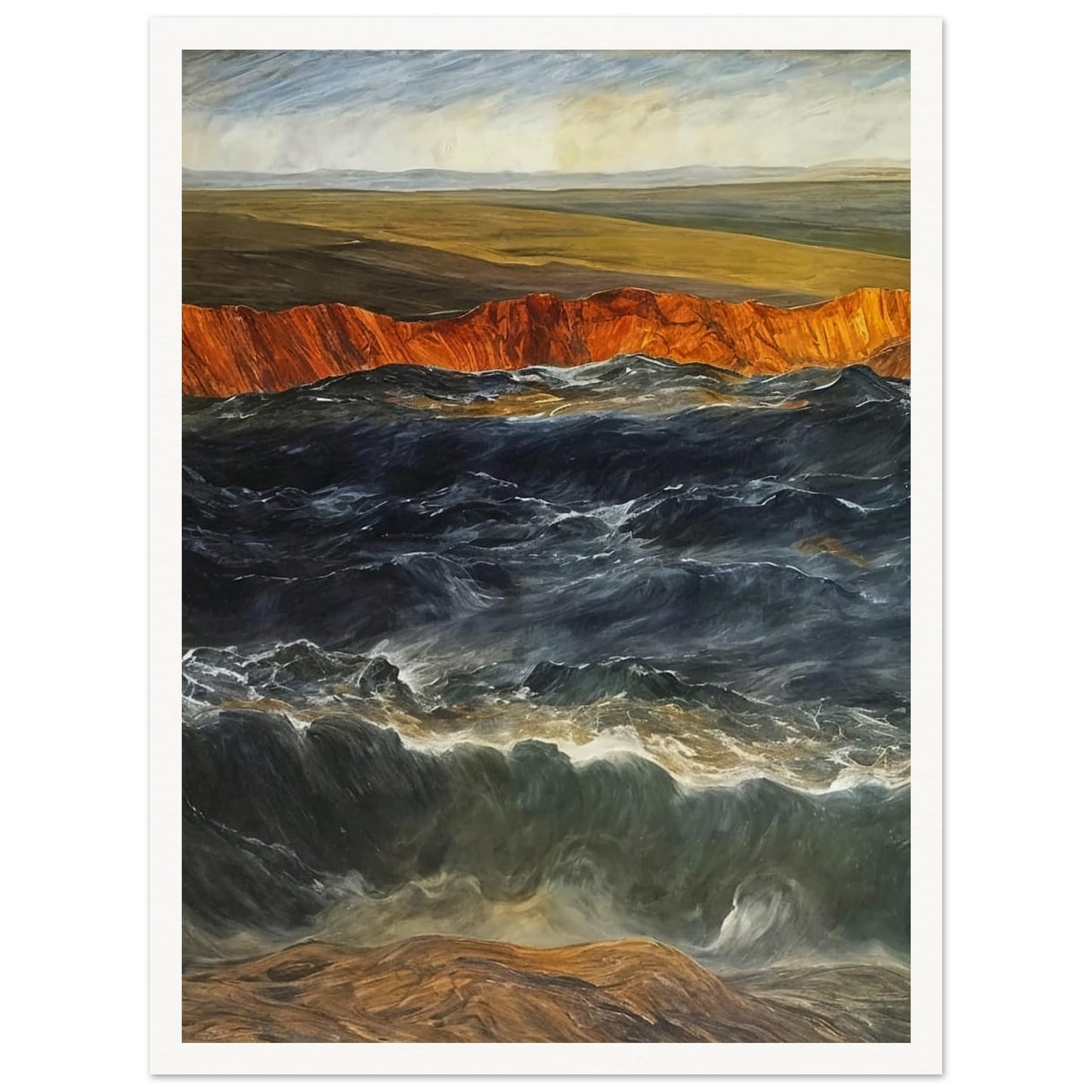 A powerful scene of crashing waves against a rocky coastline with orange cliffs and open fields in the background.