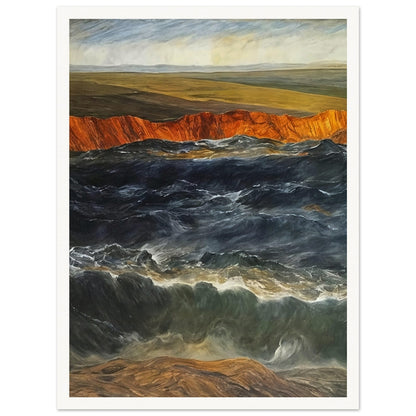 A powerful scene of crashing waves against a rocky coastline with orange cliffs and open fields in the background.