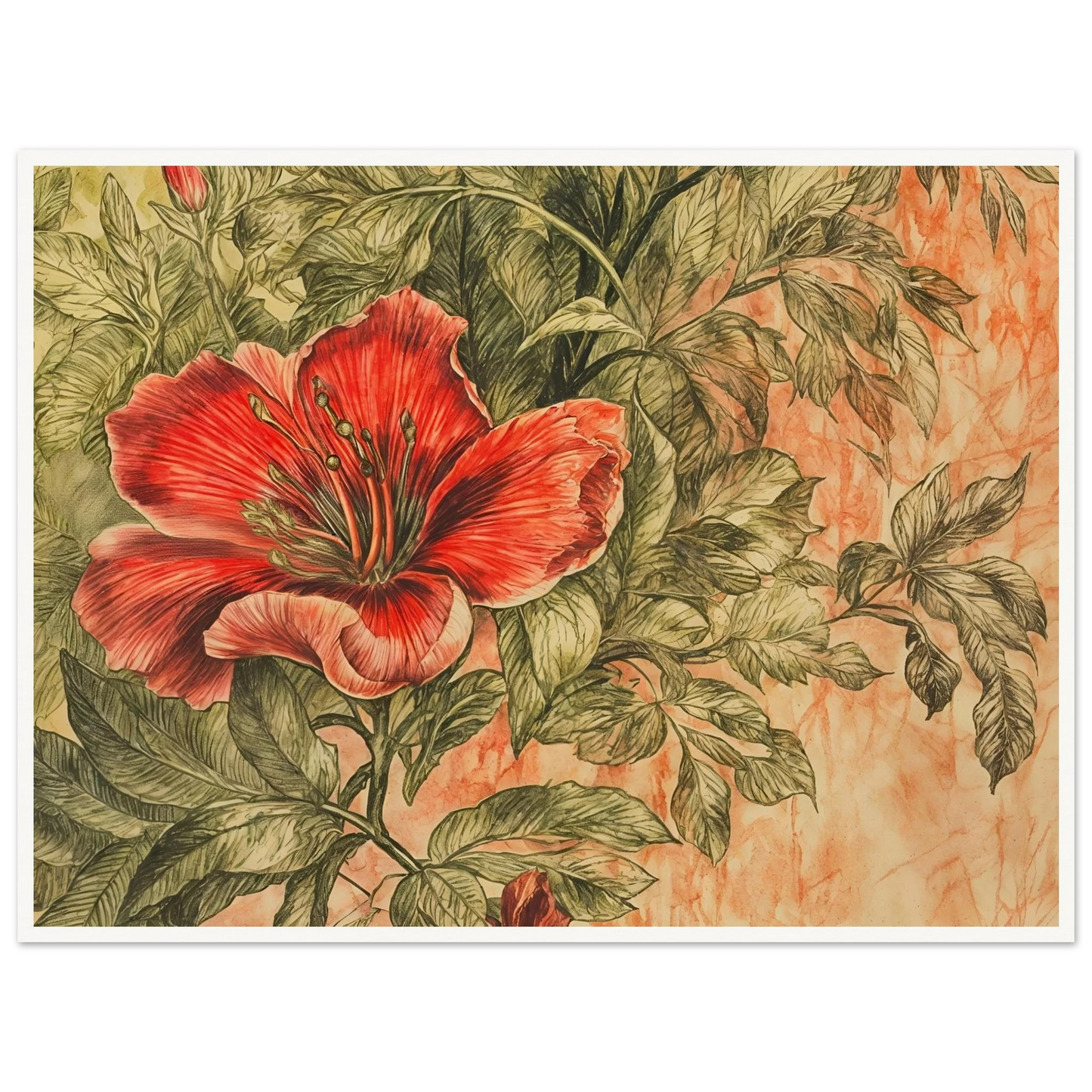 A richly detailed crimson flower blossoms among intricate green foliage against a soft peach-toned background.