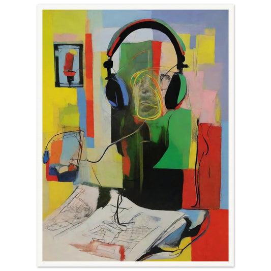 "Abstract painting featuring a figure wearing large headphones, surrounded by vibrant blocks of color, with a microphone and sketchbook nearby."