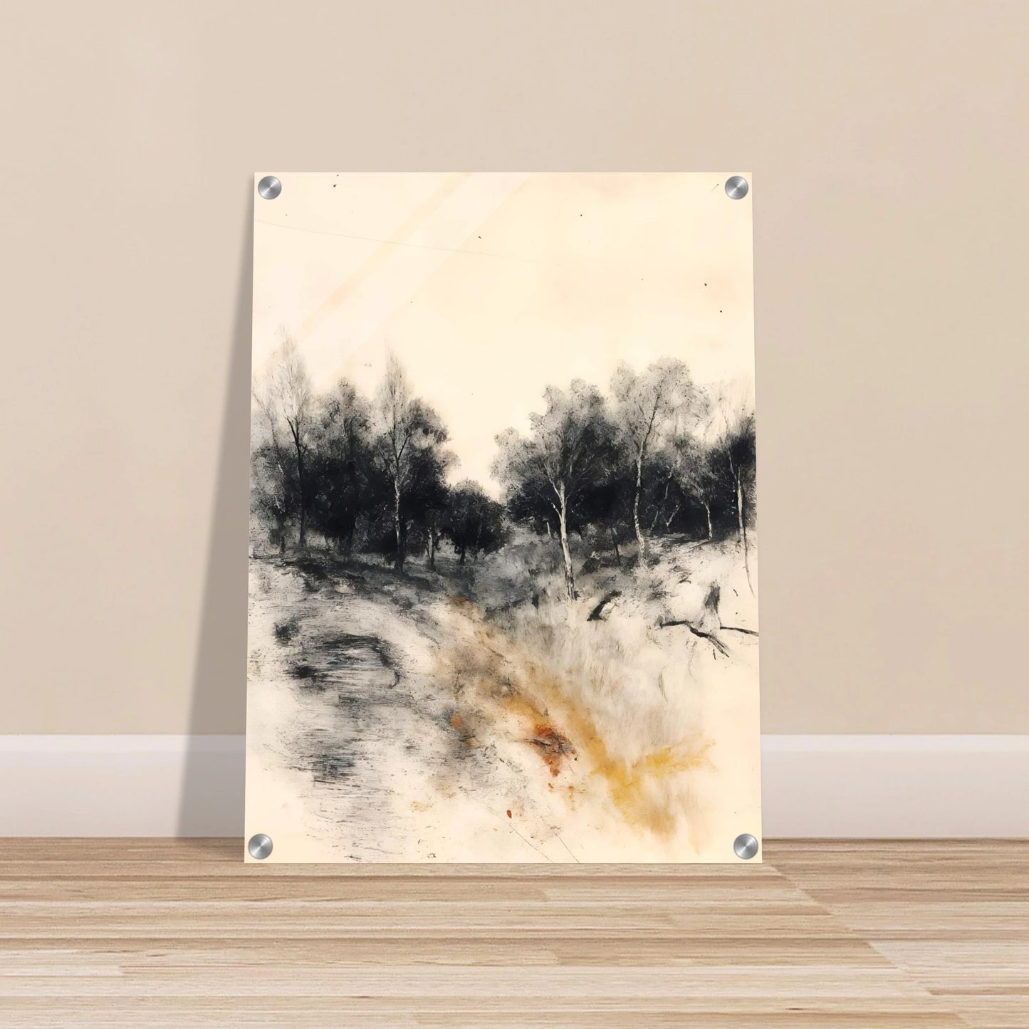 Muted woodland path with dark trees, soft sky, and warm ochre grasses in a quiet portrait scene.