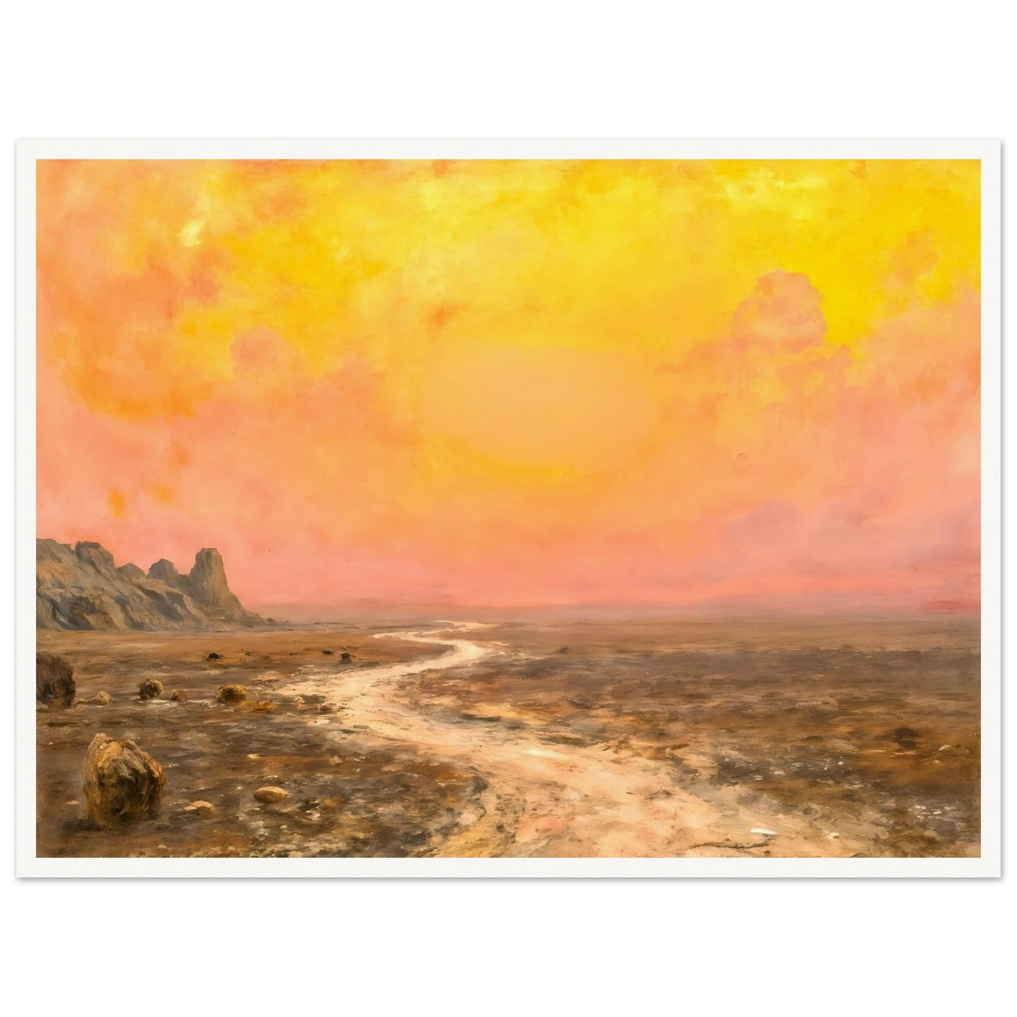 A vast desert plain beneath glowing yellow and pink skies, with a winding pale path leading toward distant rocky formations.
