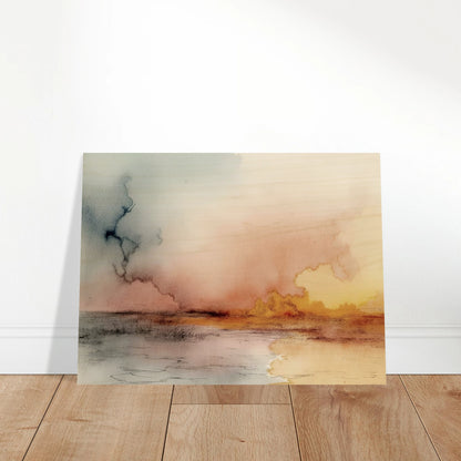 A soft watercolor landscape of fading skies, glowing yellow clouds, and tranquil reflections on a quiet lakeshore at dusk.
