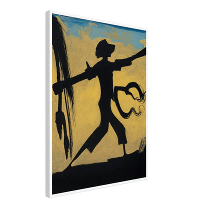 A dynamic silhouette of a warrior holding a spear against a warm, abstract background, capturing movement and strength.