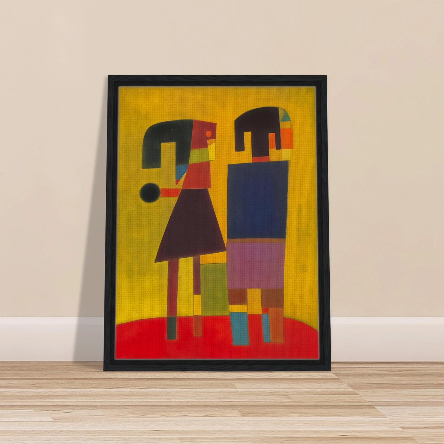 Two stylized figures in bold geometric shapes stand on a red floor against a golden background, evoking quiet connection.