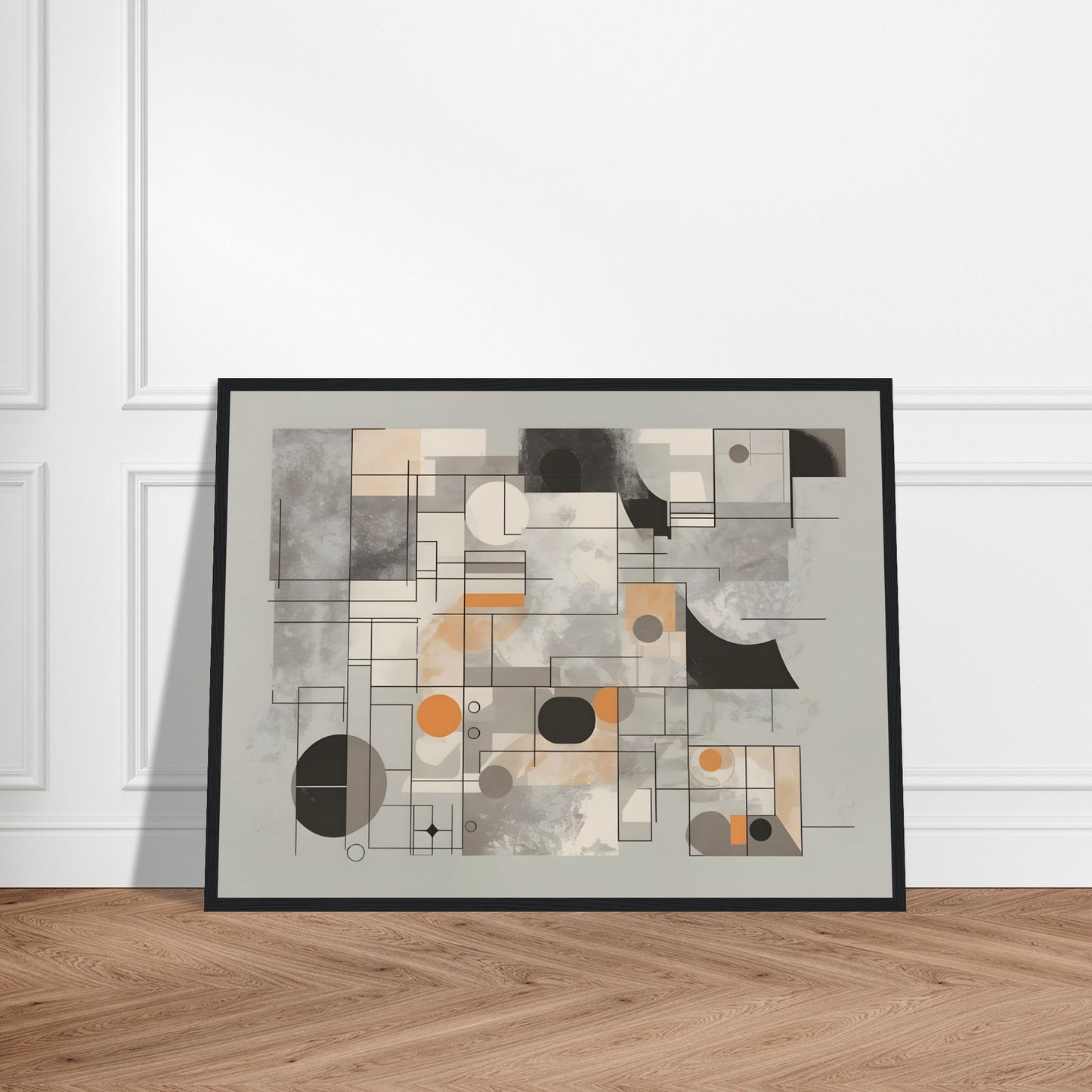 An abstract composition featuring geometric shapes, muted tones of grey, beige, and orange, with overlapping lines and blocks forming an architectural, grid-like design