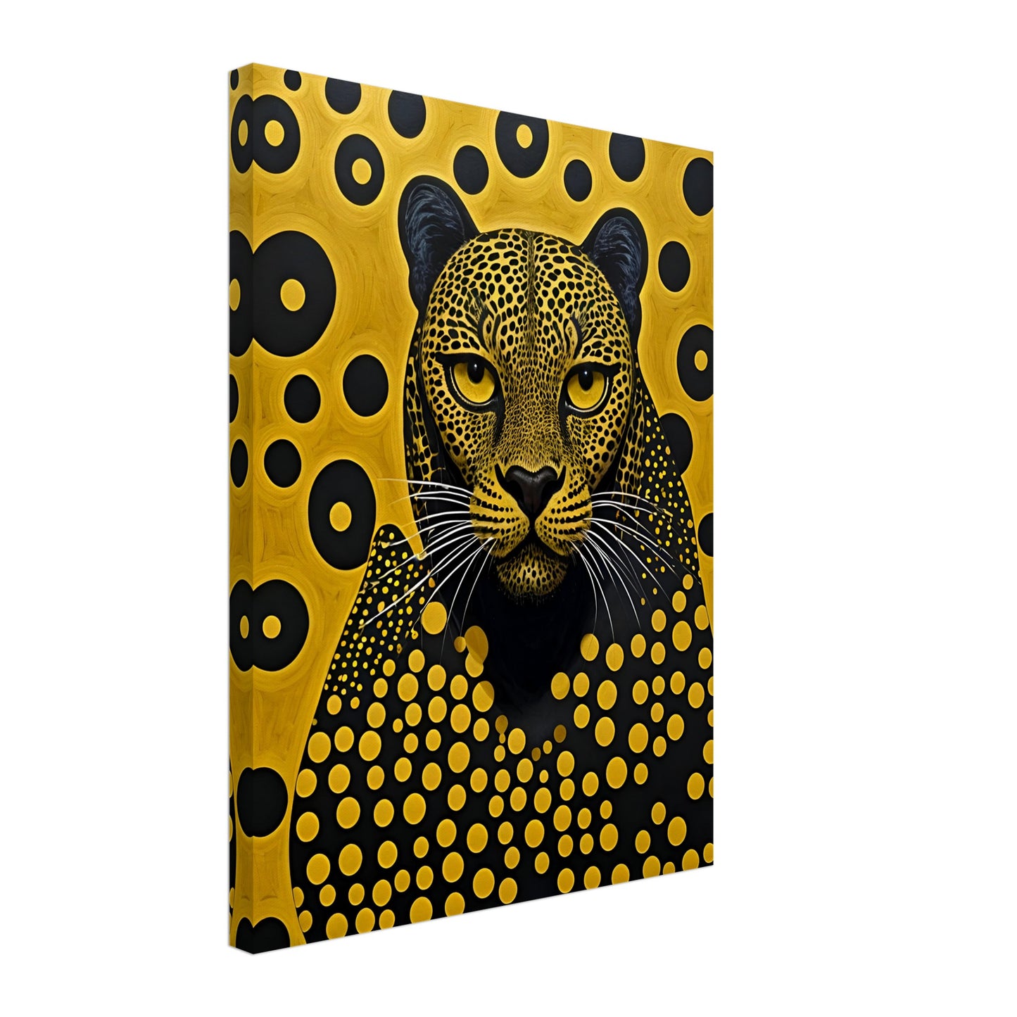 A striking portrait of a leopard with intricate golden spots, piercing eyes, and a mesmerizing geometric background of black and gold.