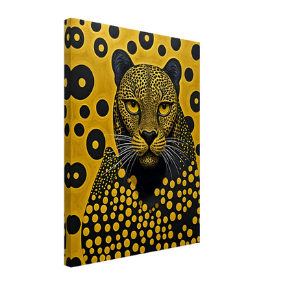 A striking portrait of a leopard with intricate golden spots, piercing eyes, and a mesmerizing geometric background of black and gold.