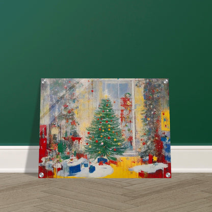 A vibrant painting of a festive living room with a beautifully decorated Christmas tree, glowing lights, and wrapped presents by a large window.

