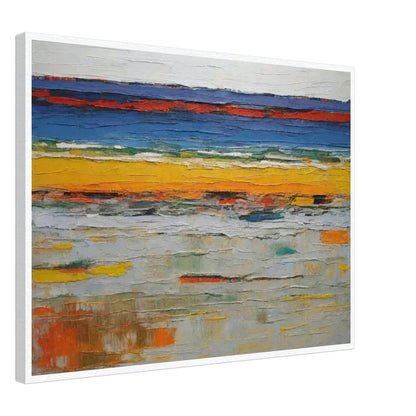 An abstract painting featuring horizontal layers of vibrant colors, including deep blues, bright yellows, and muted grays. The textured brushstrokes create a sense of depth and movement, evoking the appearance of layered landscapes or geological strata.