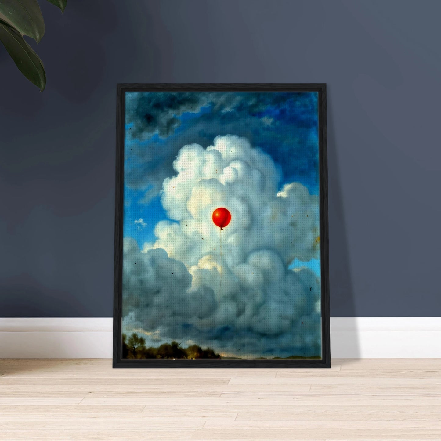 Single red balloon floating through towering white clouds against a dramatic blue sky, creating a surreal scene of hope and wonder.