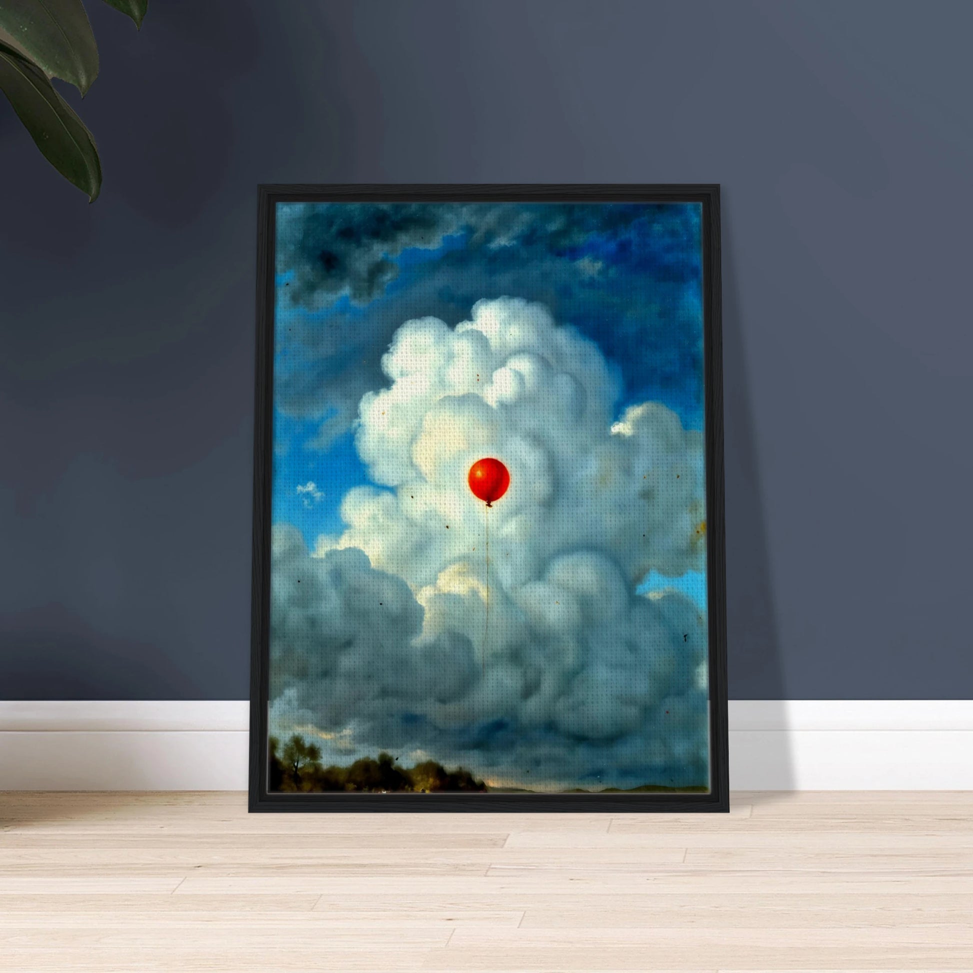 Single red balloon floating through towering white clouds against a dramatic blue sky, creating a surreal scene of hope and wonder.