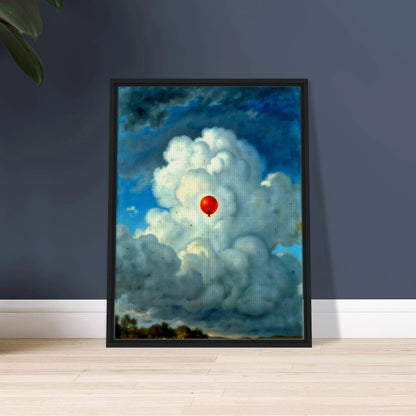 Single red balloon floating through towering white clouds against a dramatic blue sky, creating a surreal scene of hope and wonder.