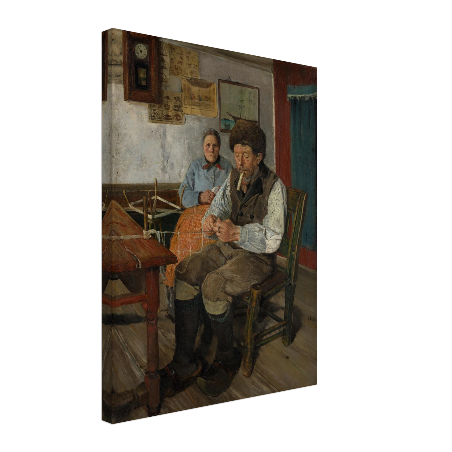 Fisherman mends a net while a woman sits behind him in a modest interior