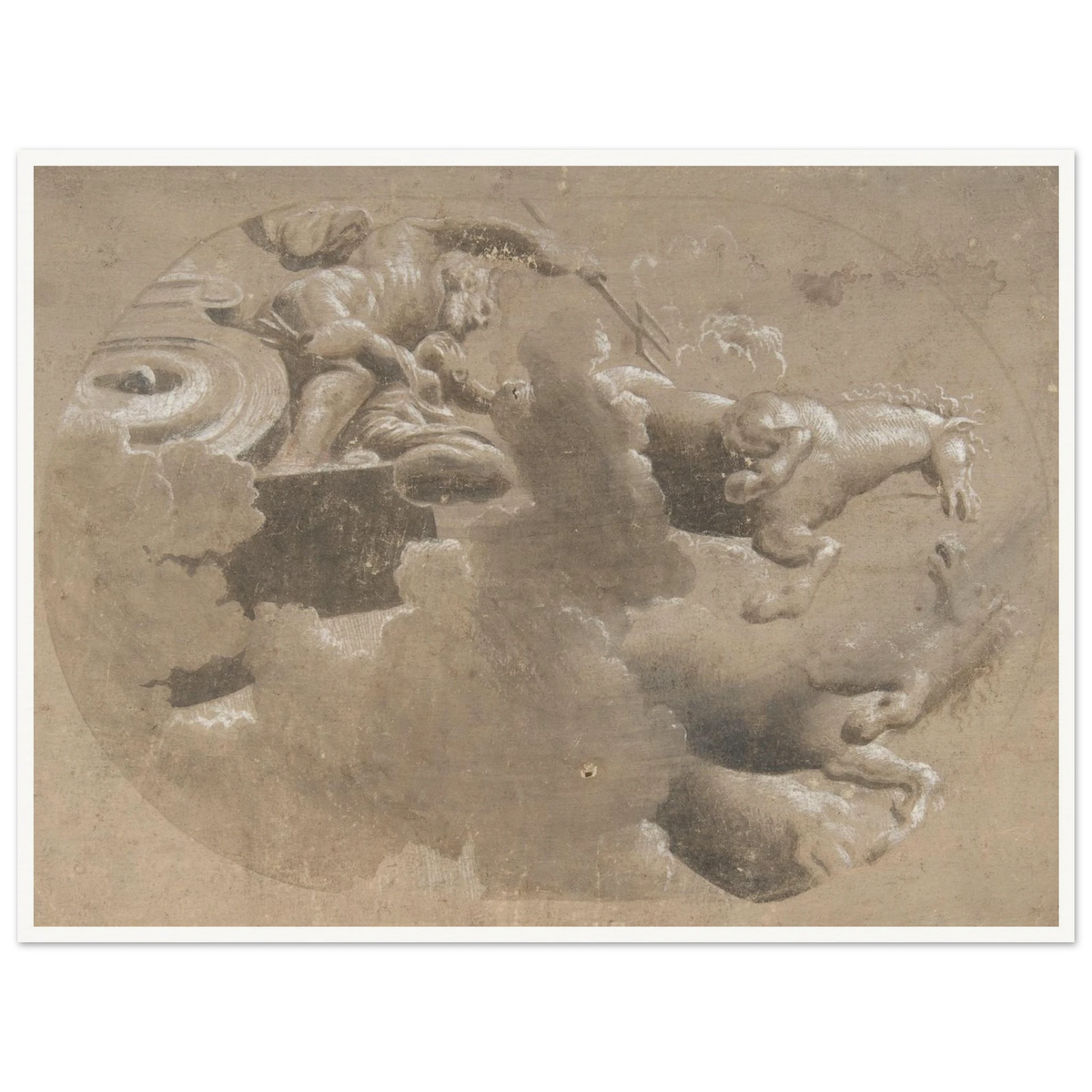 Ceiling design with a male figure holding a trident beside a horse-drawn chariot emerging through clouds.