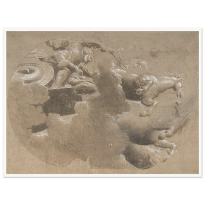 Ceiling design with a male figure holding a trident beside a horse-drawn chariot emerging through clouds.