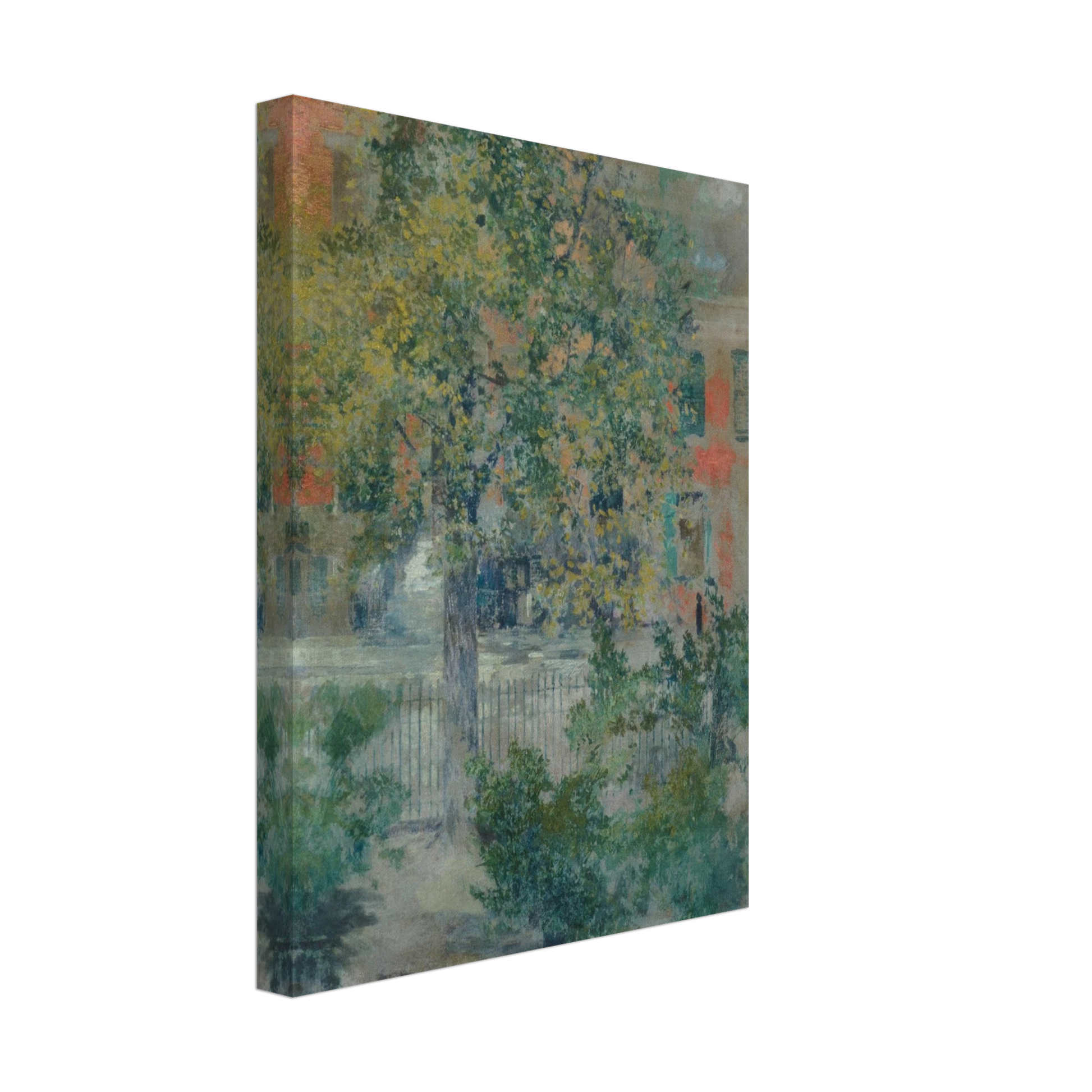 A leafy tree fills a quiet Grove Street view, with an iron fence and pastel buildings beyond.