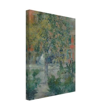 A leafy tree fills a quiet Grove Street view, with an iron fence and pastel buildings beyond.
