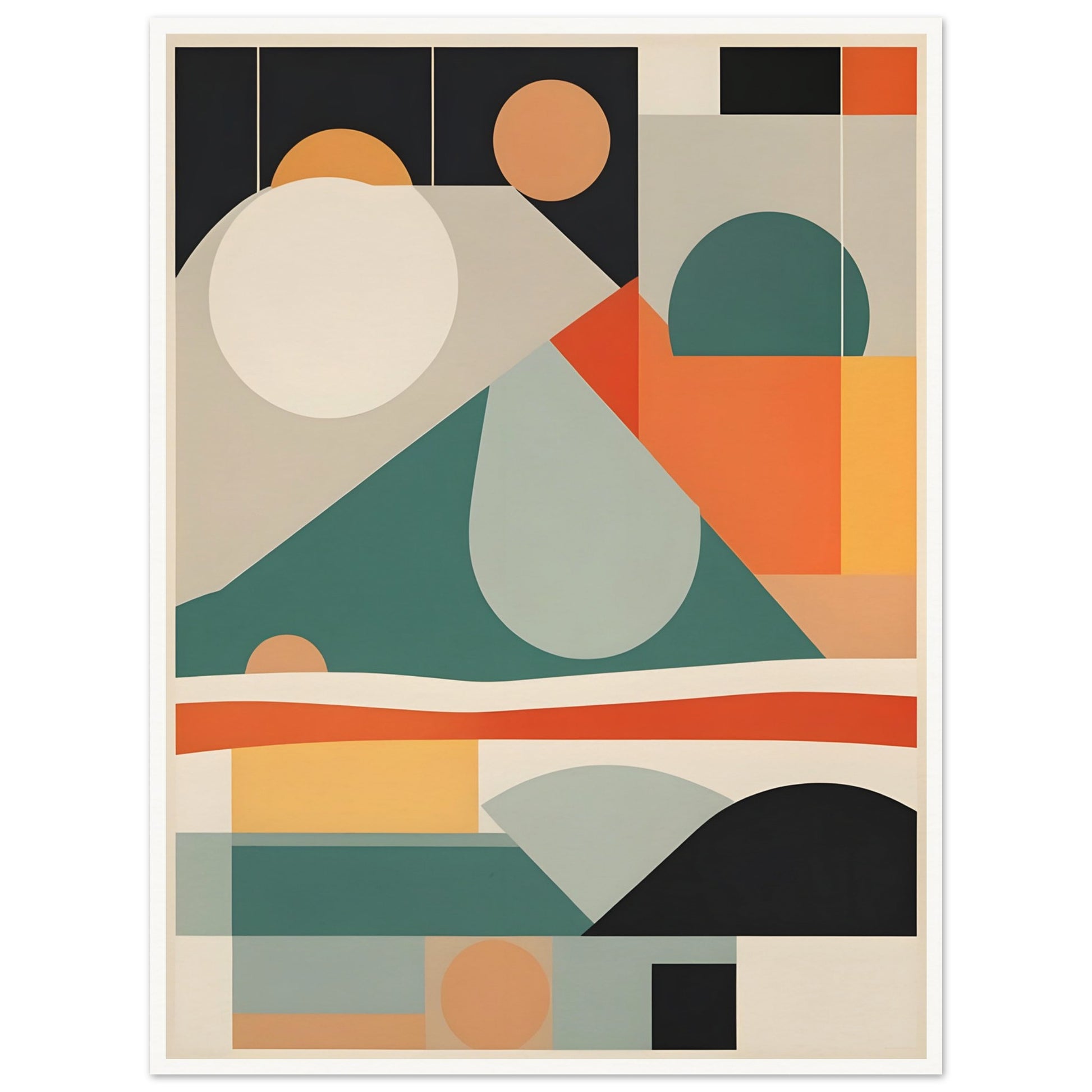 A geometric abstract painting with layered shapes resembling mountains, valleys, and the sun in earthy tones of teal, orange, beige, and black