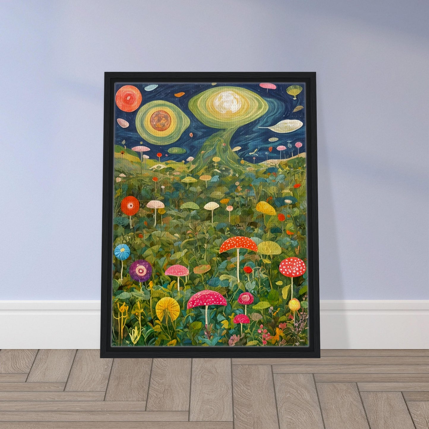 A surreal landscape of oversized mushrooms and lush greenery beneath a cosmic sky with swirling planets, glowing moons, and celestial formations.