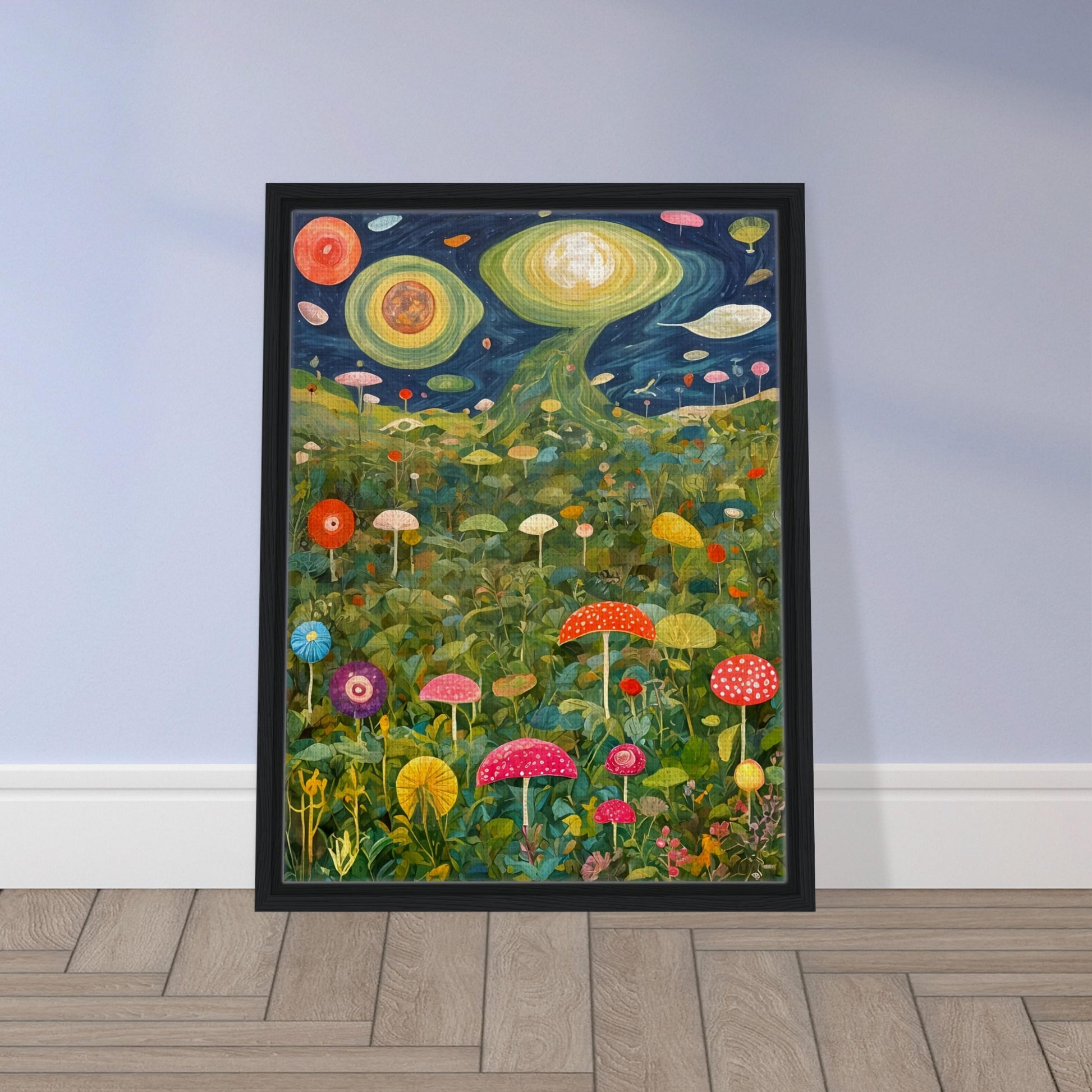 A surreal landscape of oversized mushrooms and lush greenery beneath a cosmic sky with swirling planets, glowing moons, and celestial formations.