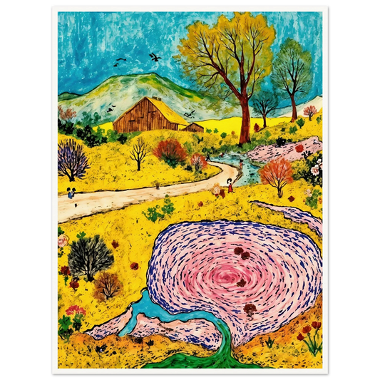 Colorful countryside with a rustic barn, winding stream, blooming trees, and a swirling pink pond beneath blue skies.