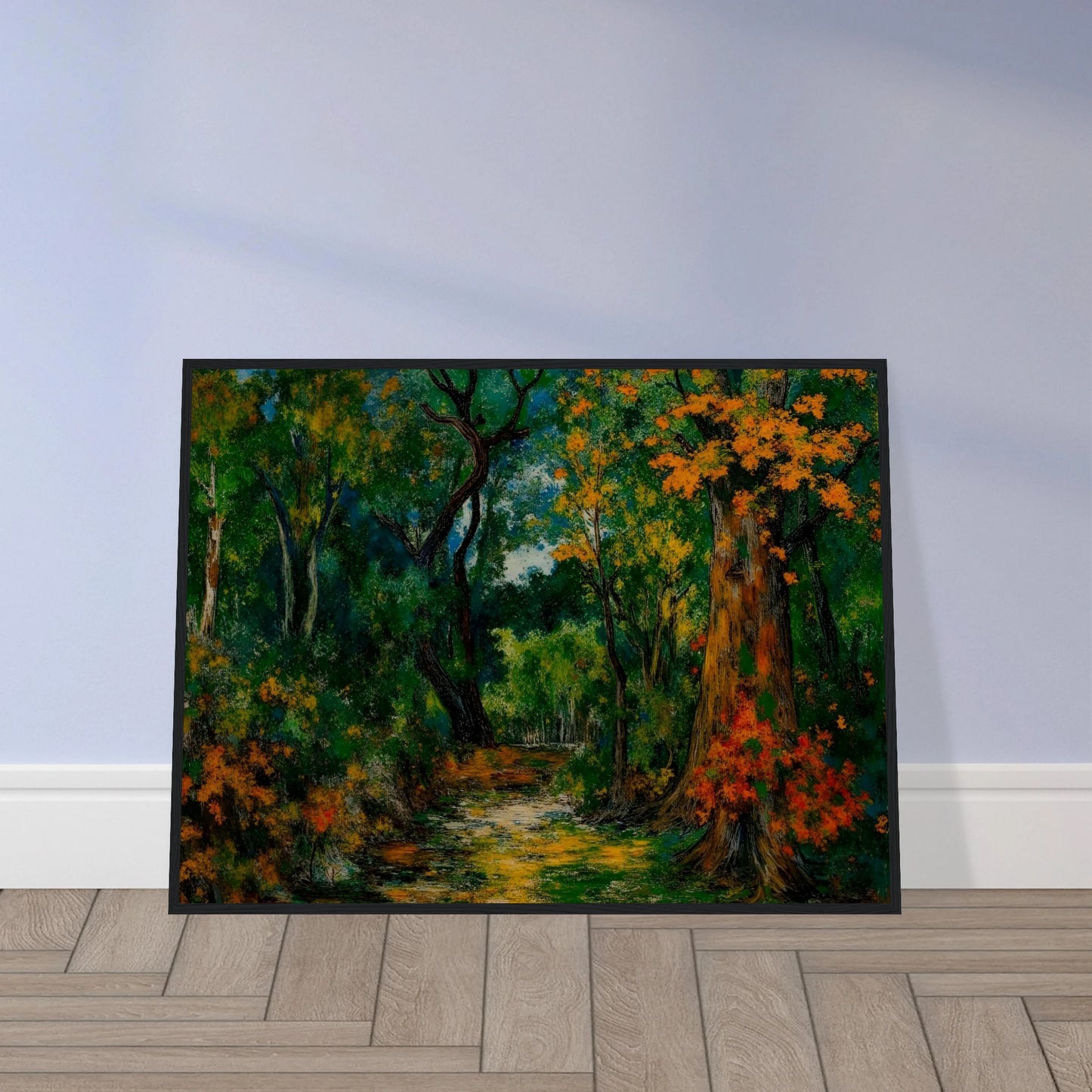 A richly colored forest scene featuring a winding path through dense green woods, framed by tall trees with vibrant orange and golden autumn foliage.