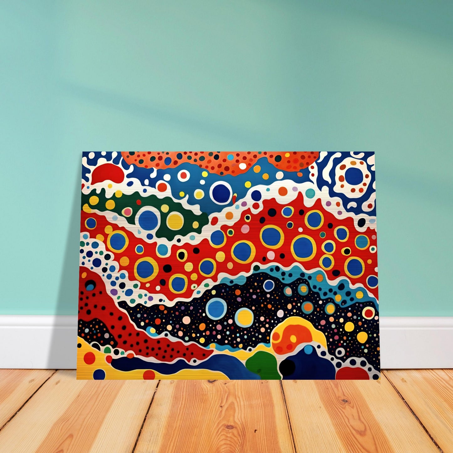 A vivid painting with bold, circular patterns and flowing waves of red, blue, yellow, and black, evoking a cosmic, energetic motion.