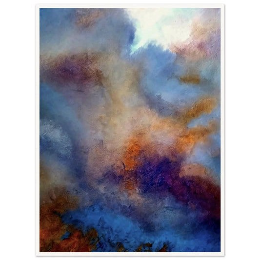 An abstract painting depicting a moody sky with swirling hues of blue, orange, and purple, evoking a dreamy and atmospheric scene.