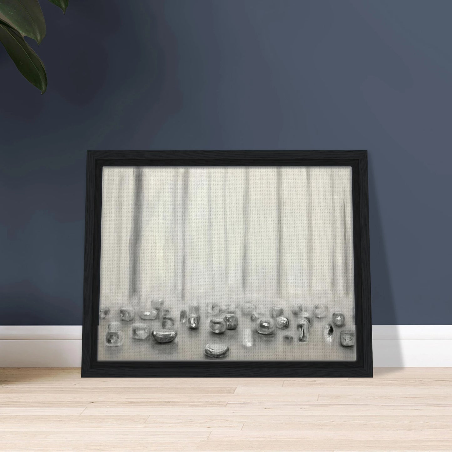 Minimalist pale composition with translucent silver forms resting beneath misty vertical lines in a serene monochrome atmosphere.