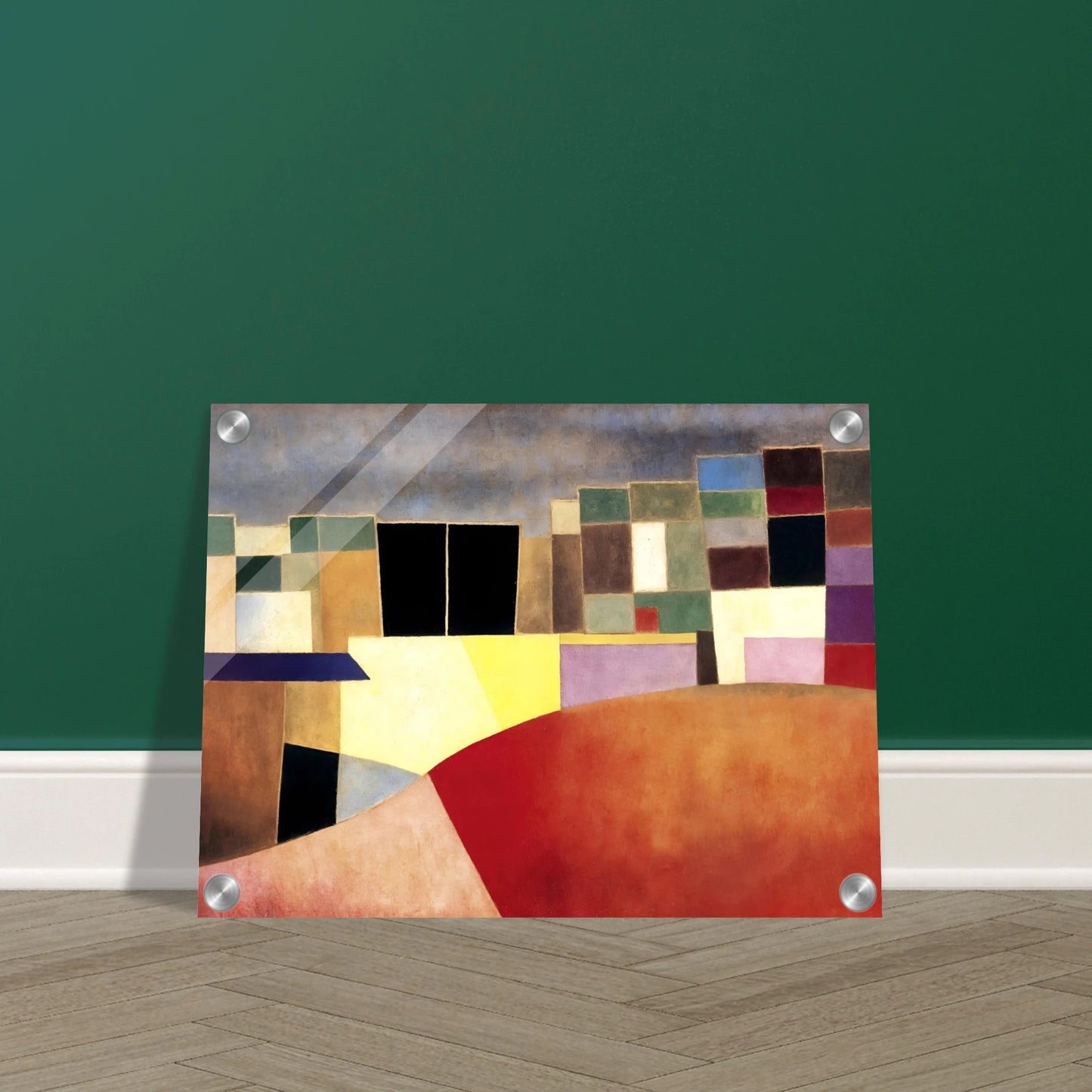 A colorful grid of geometric shapes resembling city buildings under a muted sky, glowing with warm red and yellow tones.