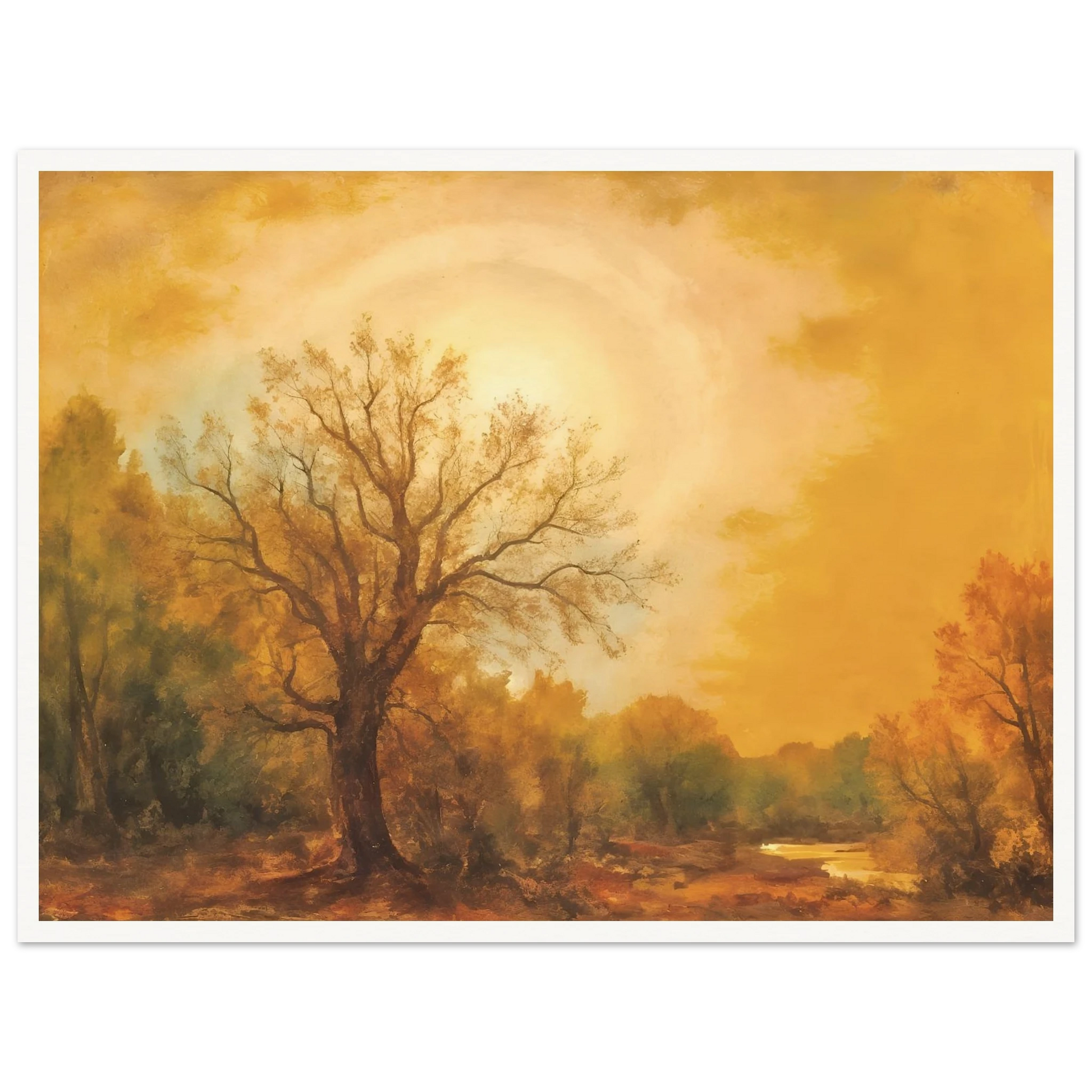 Golden sunset glows over a quiet woodland river with tall trees and warm autumn light.