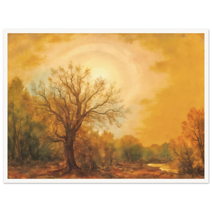 Golden sunset glows over a quiet woodland river with tall trees and warm autumn light.