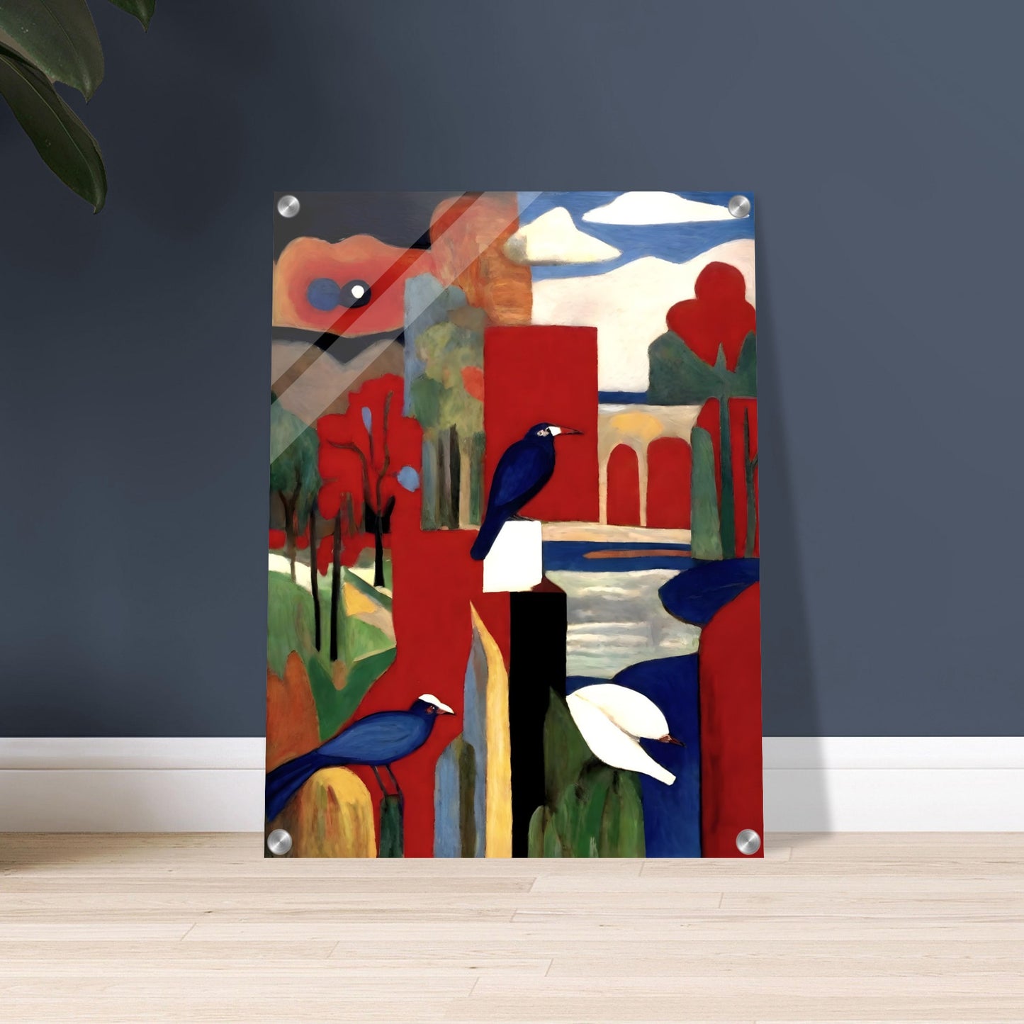 A modern abstract painting featuring blue and white birds perched in a vivid landscape with bold red, blue, and green geometric shapes and arches.