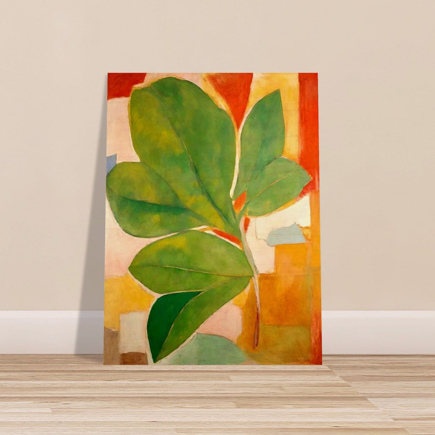 A large green leaf stands out against a background of abstract shapes in warm hues of orange, red, and beige, creating a striking composition of color and form.