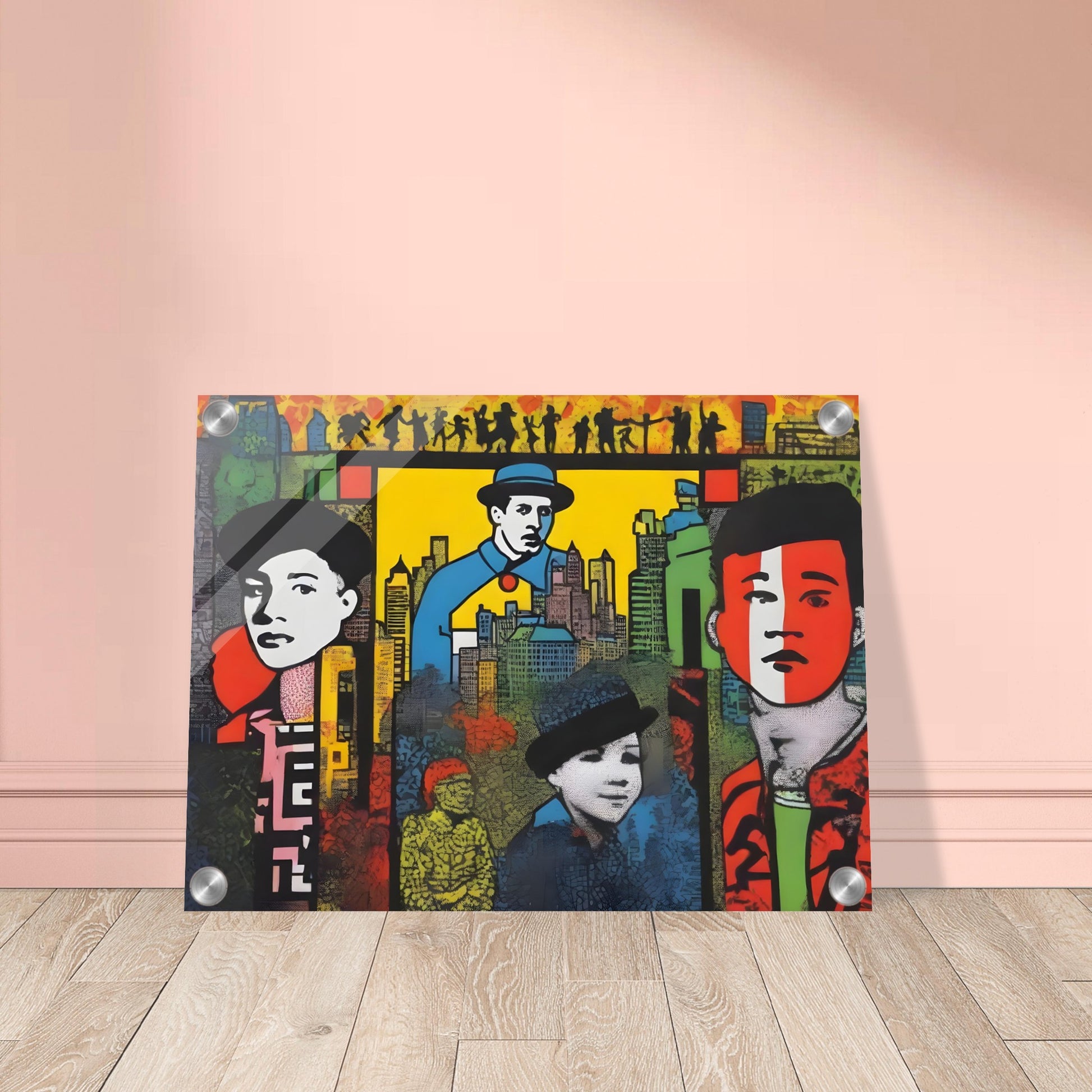 A vibrant, pop-art style painting featuring bold portraits of diverse individuals set against a colorful city skyline with detailed urban elements.